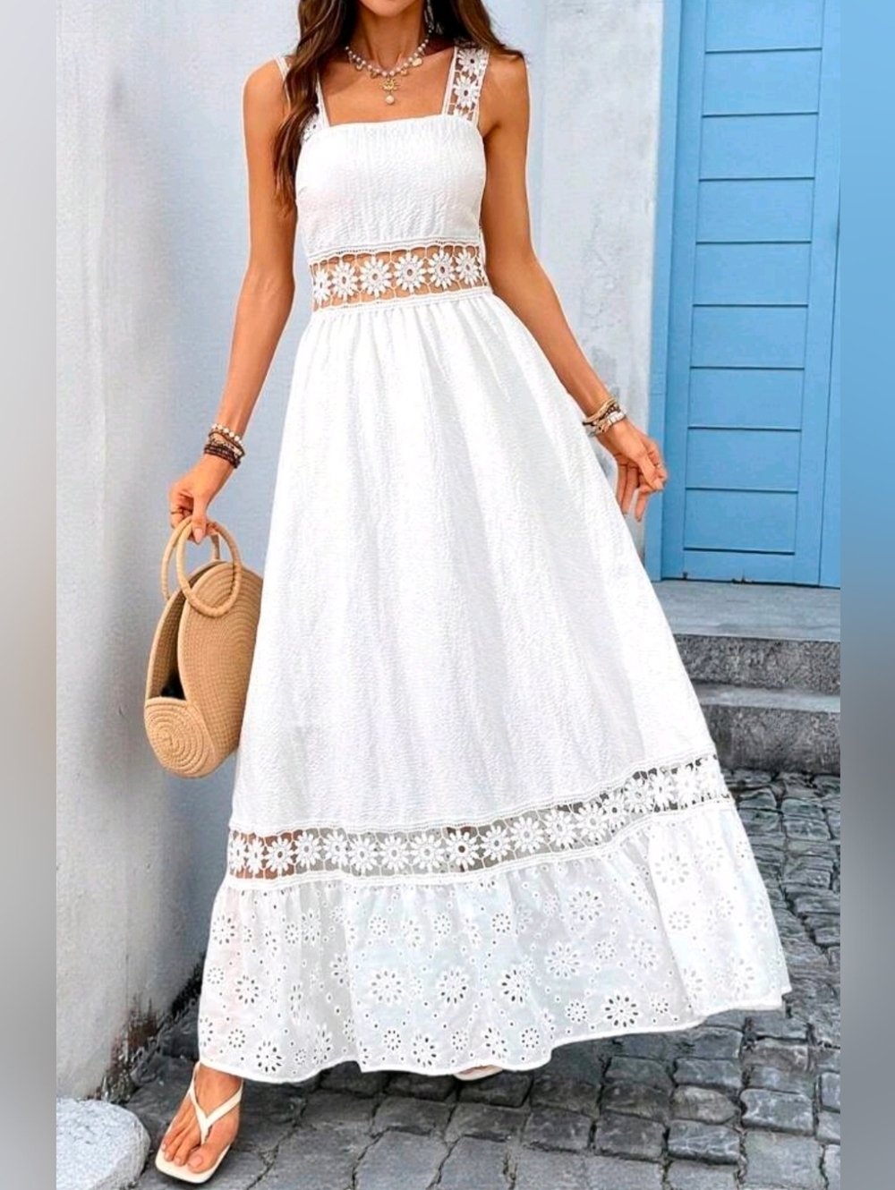 * New Boho Sheer Embroidered Eyelet Lace Maxi Dress White - Picture 2 of 12